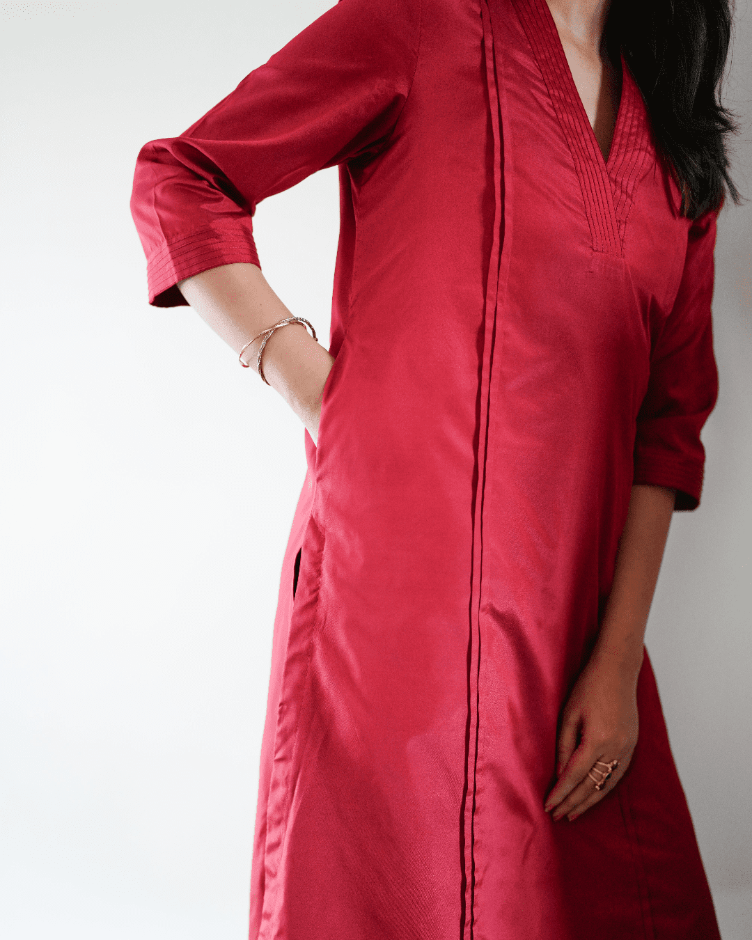 Barkha x Tyohaar Kurta, in Red Vegan Silk, featuring three quarter sleeves and overlap v-neckline, made for daily & work.
