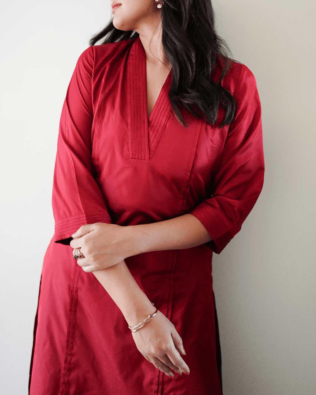 Barkha x Tyohaar Kurta, in Red Vegan Silk, featuring three quarter sleeves and overlap v-neckline, made for daily & work.