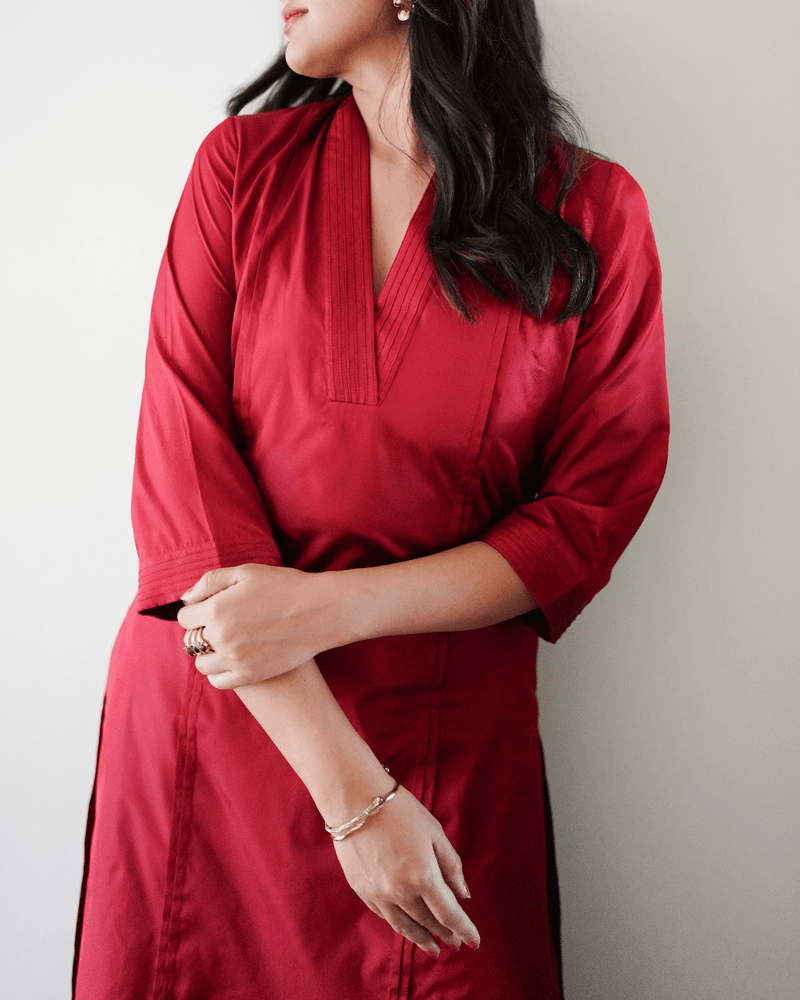 Barkha x Tyohaar | Red A-Line Art Silk V Neck Kurta with Detailing | Coords or Only Kurta-Binks