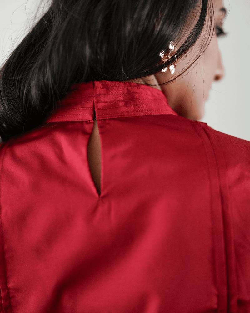 Barkha x Tyohaar | Red A-Line Art Silk V Neck Kurta with Detailing | Coords or Only Kurta-Binks