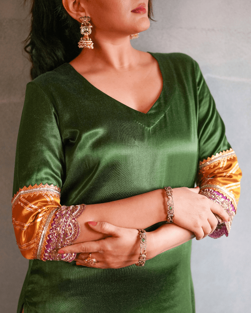 Kainaat x Tyohaar | Emerald Green Mashru Silk A-Line Kurta with Embroidered Sleeves | Coords or Only Kurta-Binks
