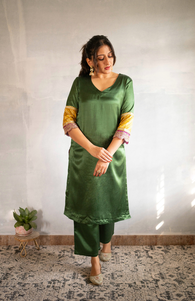 Kainaat x Tyohaar | Emerald Green Mashru Silk A-Line Kurta with Embroidered Sleeves | Coords or Only Kurta-Binks
