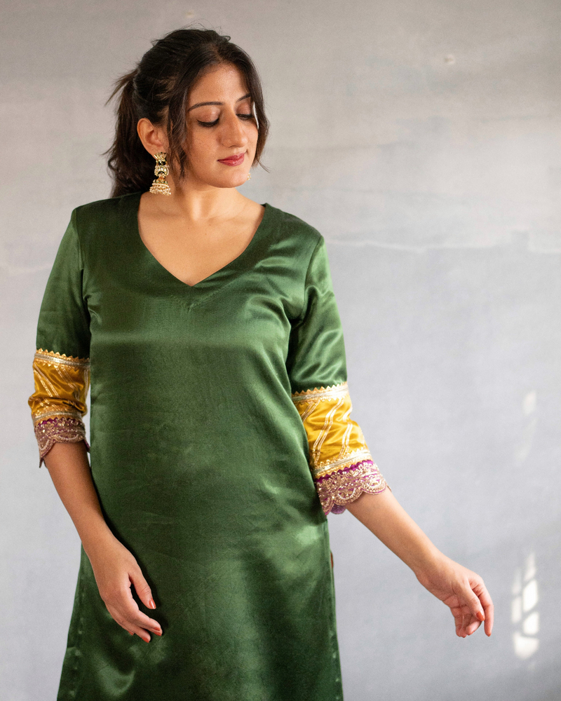 Kainaat x Tyohaar | Emerald Green Mashru Silk A-Line Kurta with Embroidered Sleeves | Coords or Only Kurta-Binks