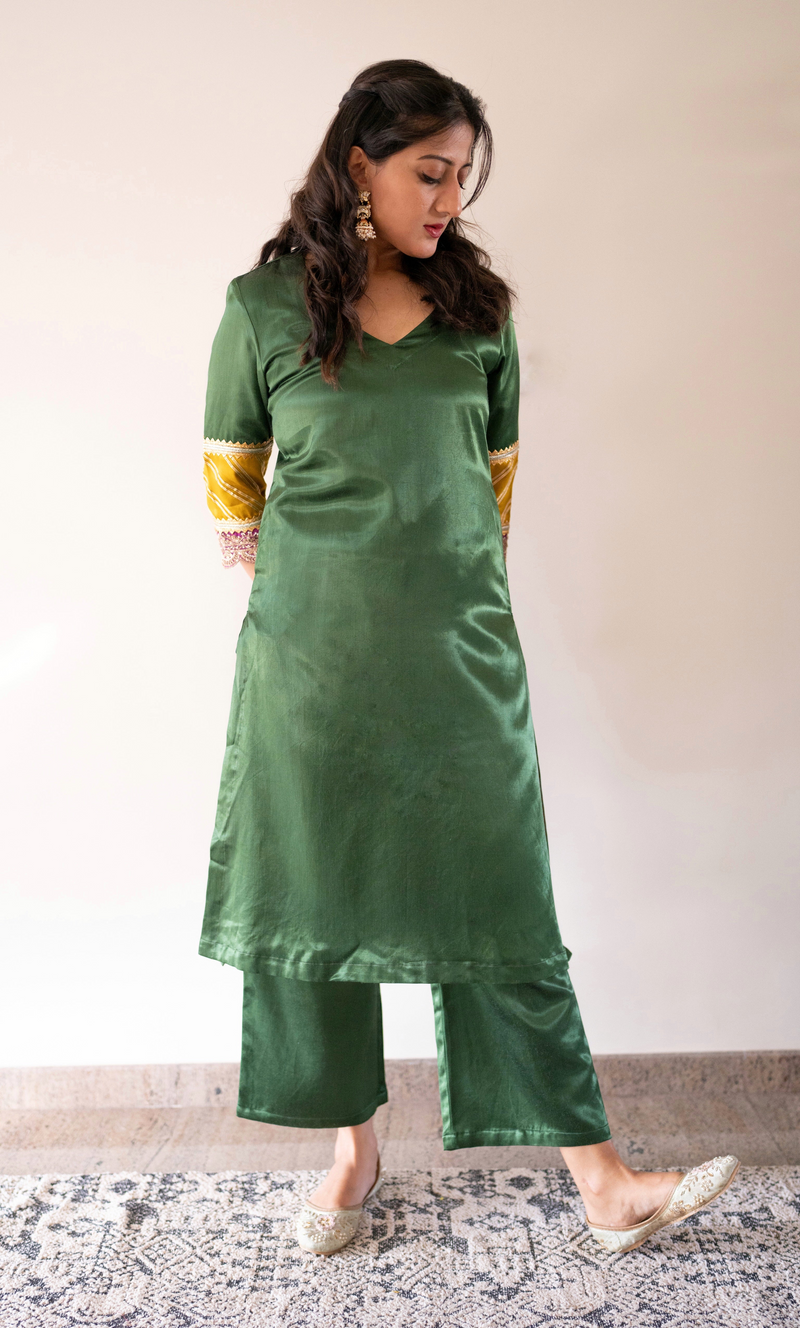 Kainaat x Tyohaar | Emerald Green Mashru Silk A-Line Kurta with Embroidered Sleeves | Coords or Only Kurta-Binks