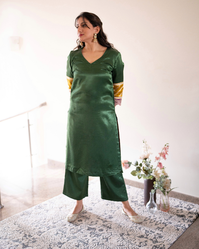 Kainaat x Tyohaar | Emerald Green Mashru Silk A-Line Kurta with Embroidered Sleeves | Coords or Only Kurta-Binks