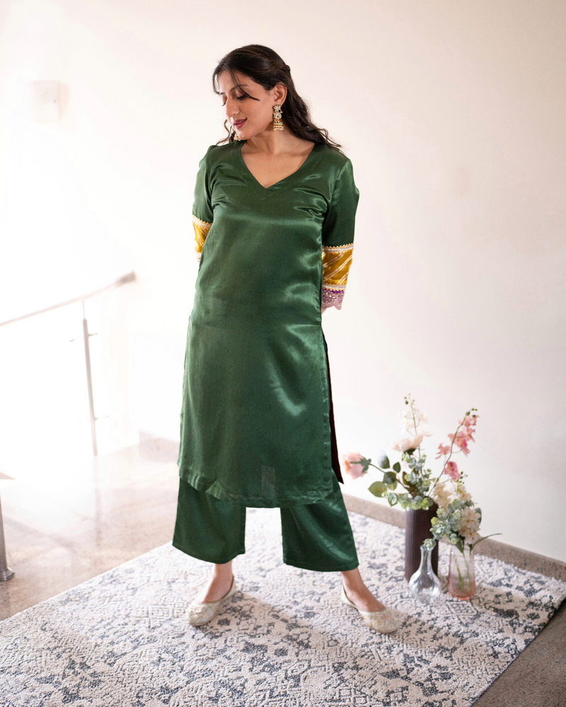 Kainaat x Tyohaar | Emerald Green Mashru Silk A-Line Kurta with Embroidered Sleeves | Coords or Only Kurta-Binks