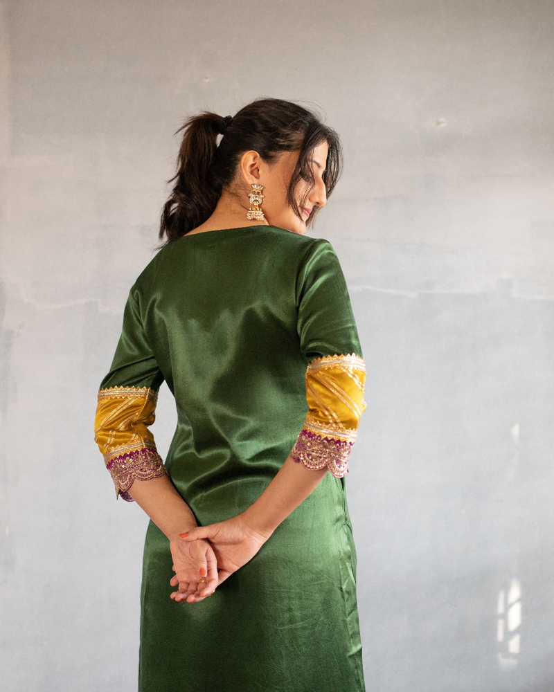 Kainaat x Tyohaar | Emerald Green Mashru Silk A-Line Kurta with Embroidered Sleeves | Coords or Only Kurta-Binks