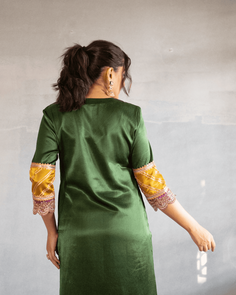Kainaat x Tyohaar | Emerald Green Mashru Silk A-Line Kurta with Embroidered Sleeves | Coords or Only Kurta-Binks