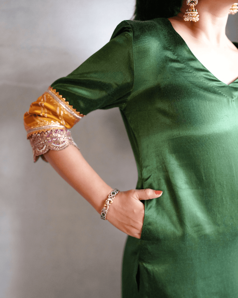 Kainaat x Tyohaar | Emerald Green Mashru Silk A-Line Kurta with Embroidered Sleeves | Coords or Only Kurta-Binks