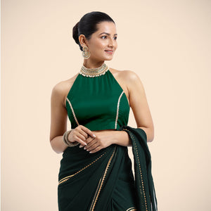 Laila x Tyohaar | Charcoal Black Halterneck FlexiFit™ Saree Blouse with Heavy Golden Gota and Pearl Embellishments Bestseller Combo @ Flat 20% OFF