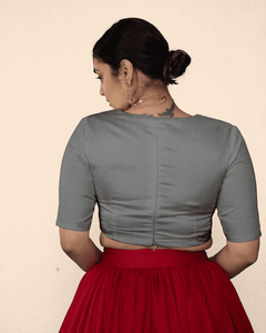 Zeenat x Rozaana | Grey Elbow Sleeves FlexiFit™ Saree Blouse with Plunging Neckline
