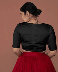 Zeenat x Rozaana | Charcoal Black Elbow Sleeves FlexiFit™ Saree Blouse with Plunging Neckline - Binks  