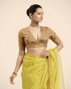 Zeenat x Tyohaar | Gold Saree Blouse w/ FlexiFit™ and Gota Lace - Binks  