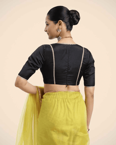  Zeenat x Tyohaar | Charcoal Black Saree Blouse w/ FlexiFit™ and Gota Lace_4