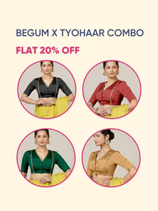 Begum x Tyohaar | Elbow Sleeves Saree Blouse with Golden Gota Lace Bestseller Combo @ Flat 20% OFF